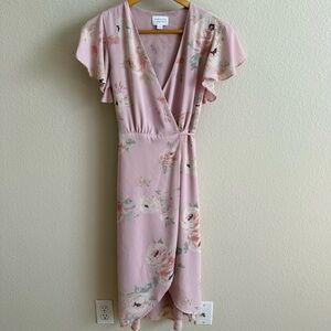 Blush Elegant Floral Wrap Midi Dress by Morning Lavender Size XS